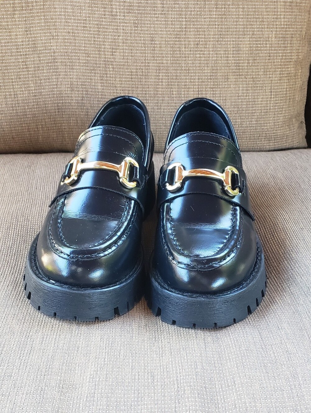 Steve Madden Black Patent Loafers with Gold Horsebit